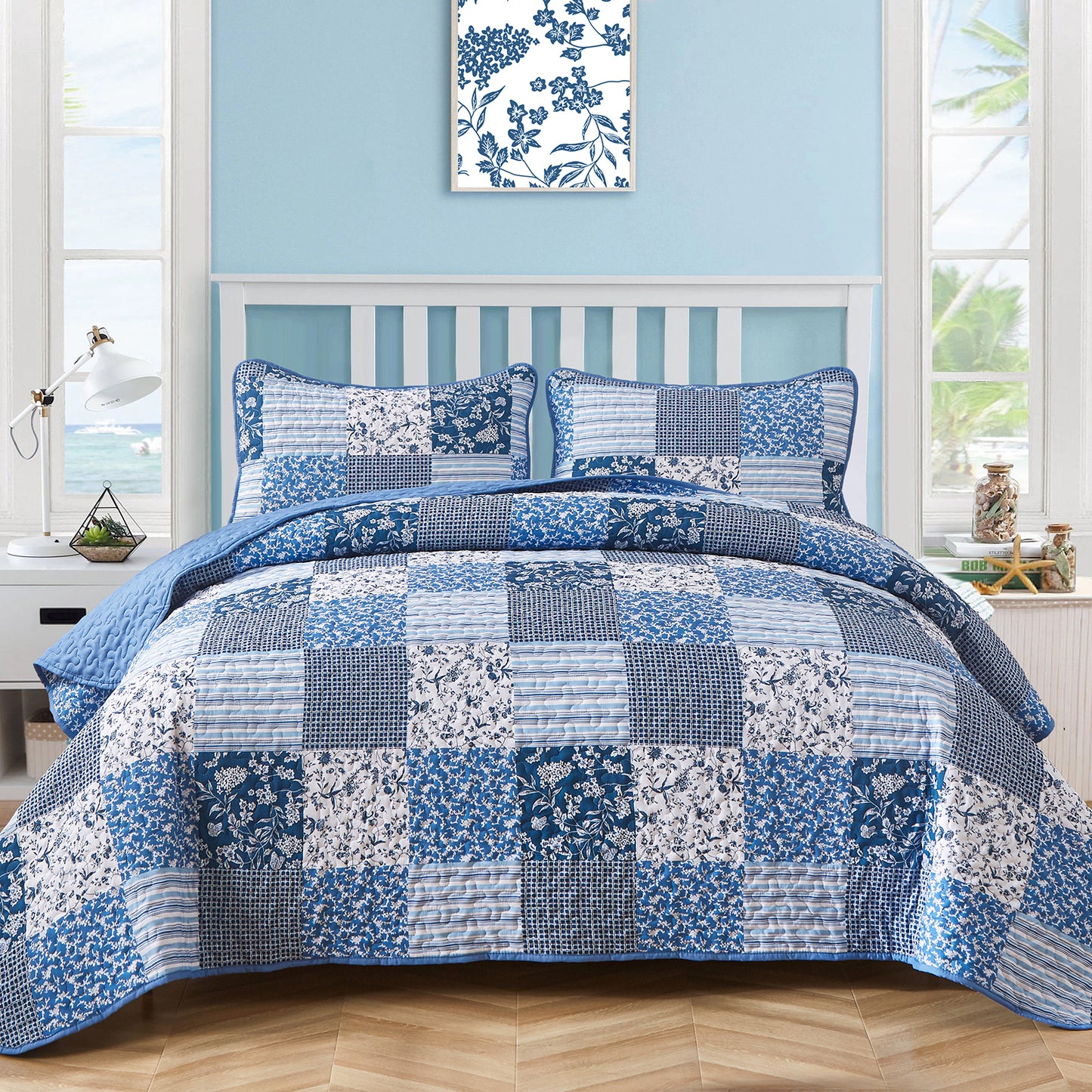 WONGS BEDDING Grid Patchwork Quilt Set Queen Size,3 Pcs Blue Bedspread Set Lightweight Coverlet(90"x 96")