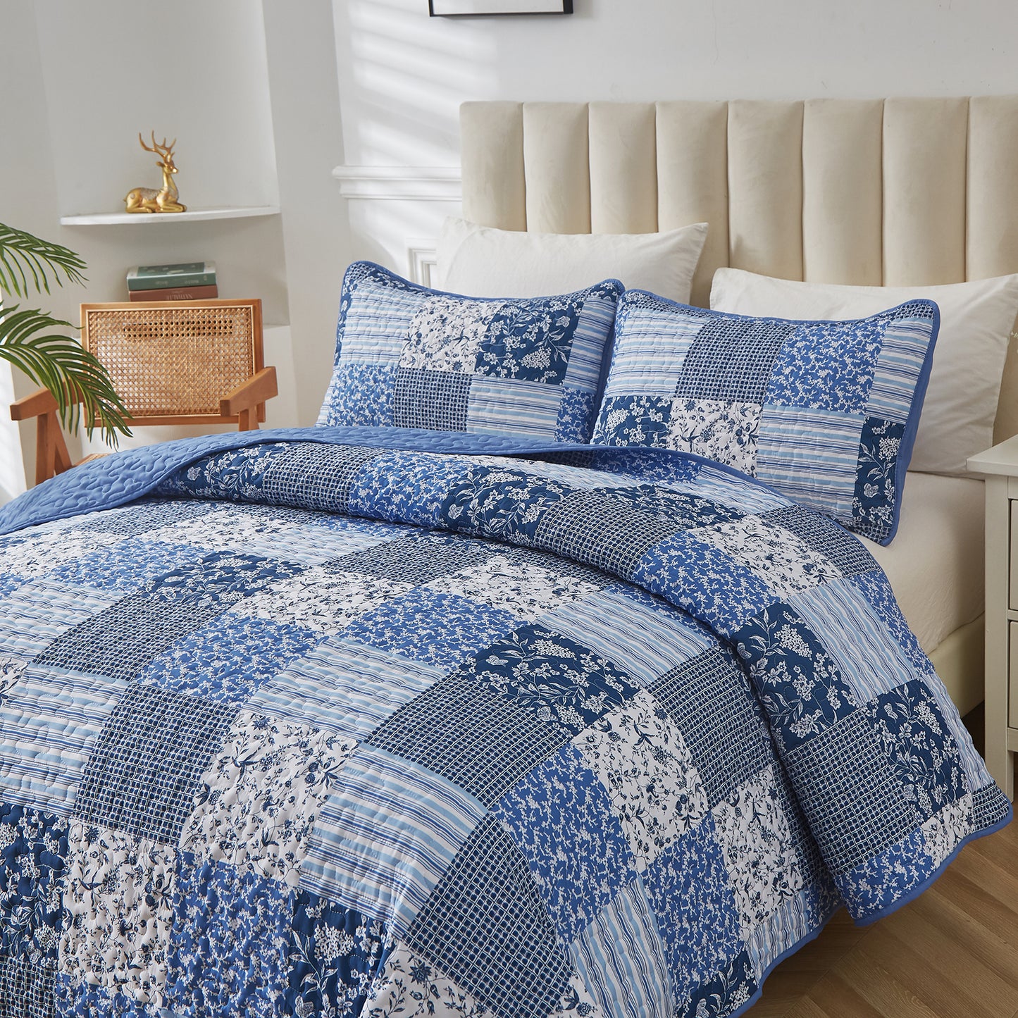 WONGS BEDDING Grid Patchwork Quilt Set Queen Size,3 Pcs Blue Bedspread Set Lightweight Coverlet(90"x 96")