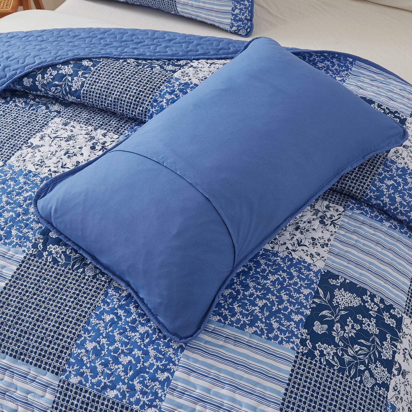 WONGS BEDDING Grid Patchwork Quilt Set Queen Size,3 Pcs Blue Bedspread Set Lightweight Coverlet(90"x 96")