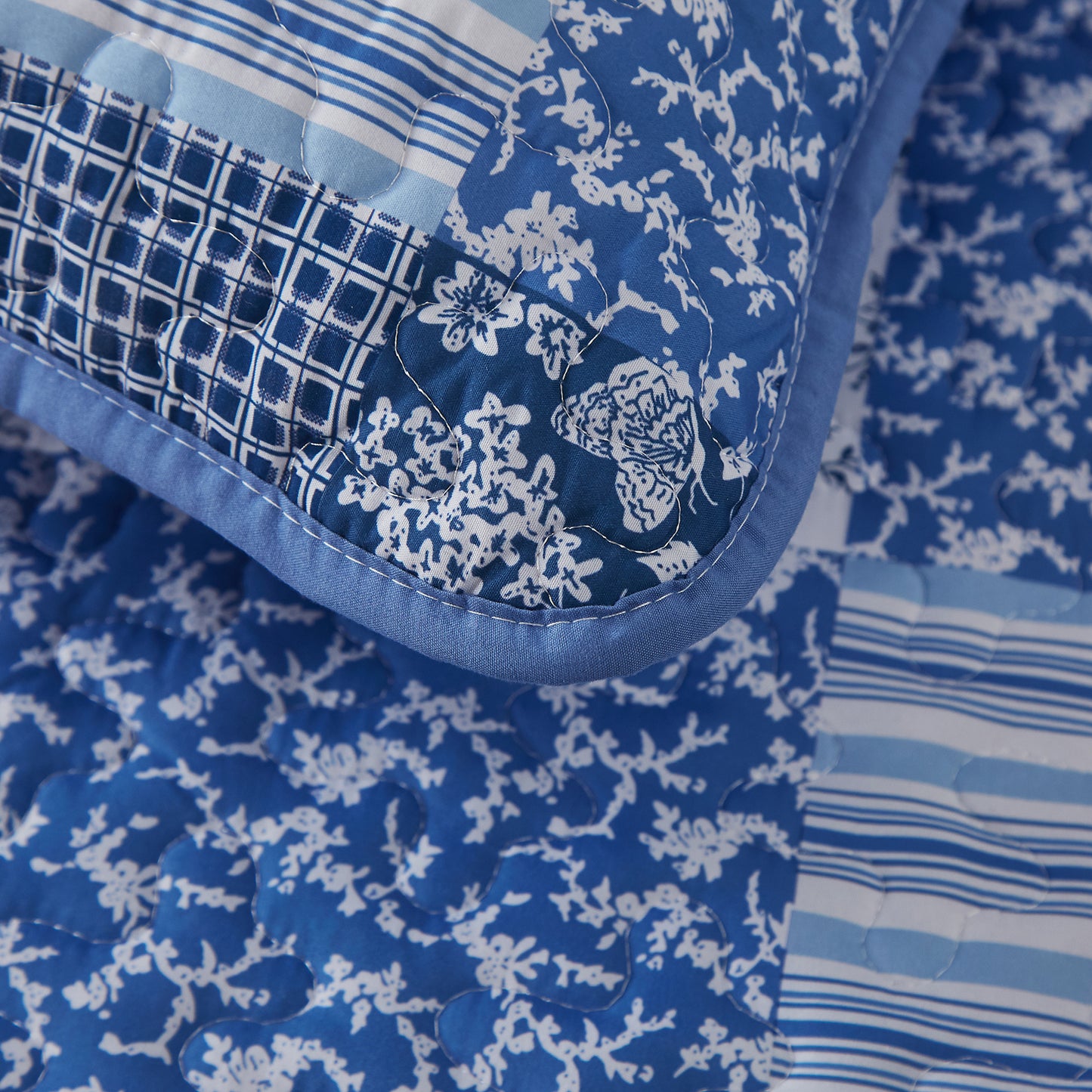 WONGS BEDDING Grid Patchwork Quilt Set Queen Size,3 Pcs Blue Bedspread Set Lightweight Coverlet(90"x 96")