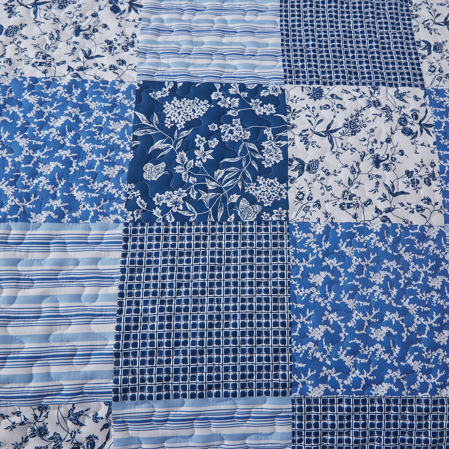 WONGS BEDDING Grid Patchwork Quilt Set Queen Size,3 Pcs Blue Bedspread Set Lightweight Coverlet(90"x 96")