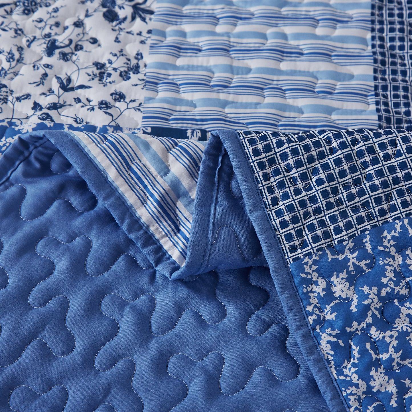 WONGS BEDDING Grid Patchwork Quilt Set Queen Size,3 Pcs Blue Bedspread Set Lightweight Coverlet(90"x 96")