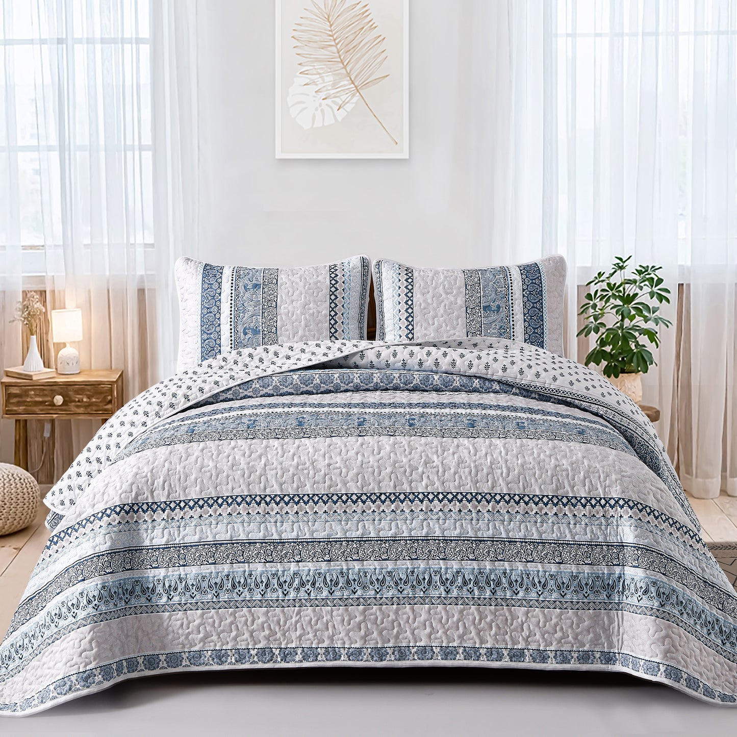 WONGS BEDDING Bohemian Quilt Set Queen Size,3 Pcs Stripe Bedspread Set Lightweight Coverlet(90"x 96")