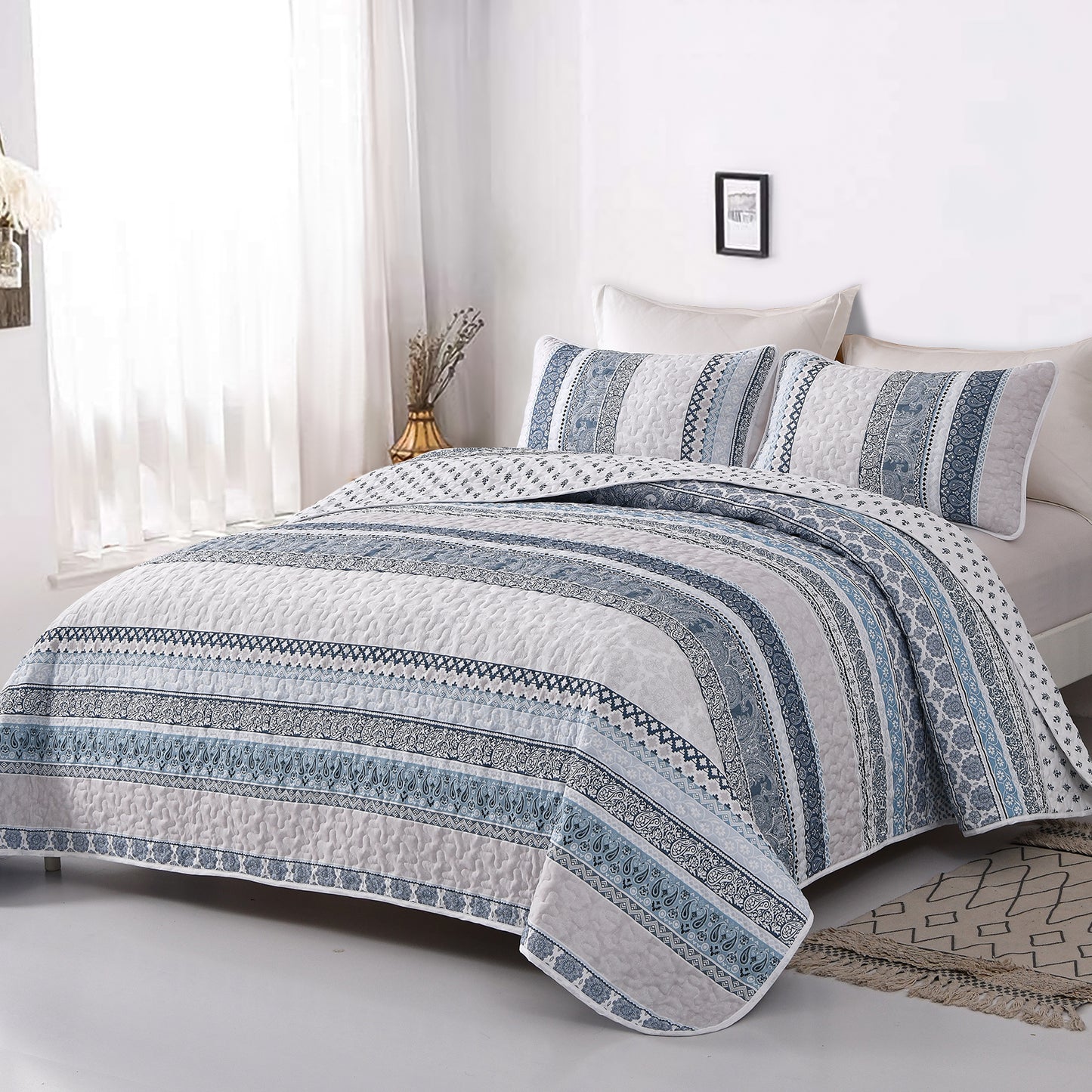 WONGS BEDDING Bohemian Quilt Set Queen Size,3 Pcs Stripe Bedspread Set Lightweight Coverlet(90"x 96")