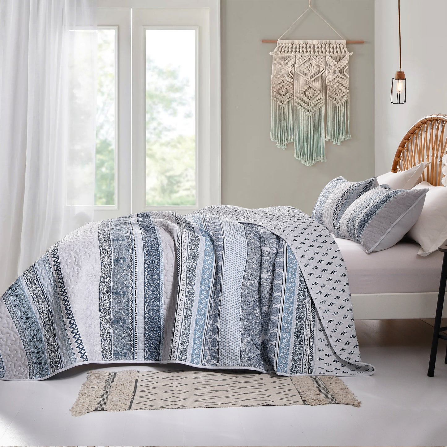 WONGS BEDDING Bohemian Quilt Set Queen Size,3 Pcs Stripe Bedspread Set Lightweight Coverlet(90"x 96")