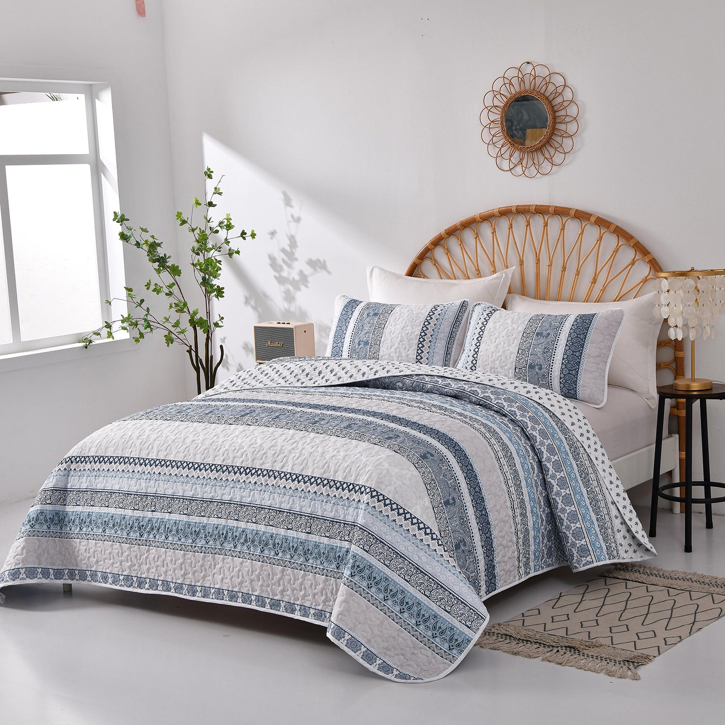 WONGS BEDDING Bohemian Quilt Set Queen Size,3 Pcs Stripe Bedspread Set Lightweight Coverlet(90"x 96")
