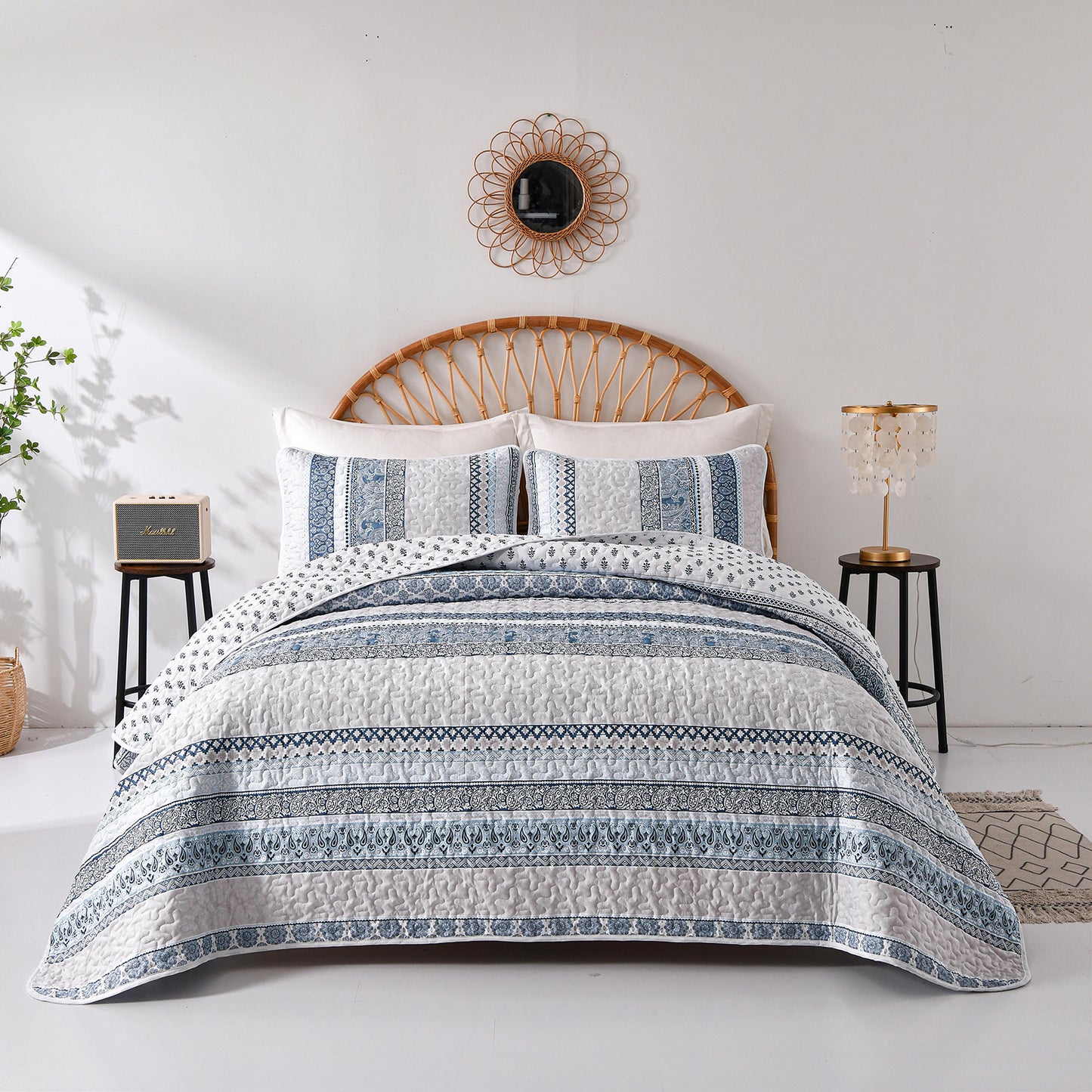 WONGS BEDDING Bohemian Quilt Set Queen Size,3 Pcs Stripe Bedspread Set Lightweight Coverlet(90"x 96")