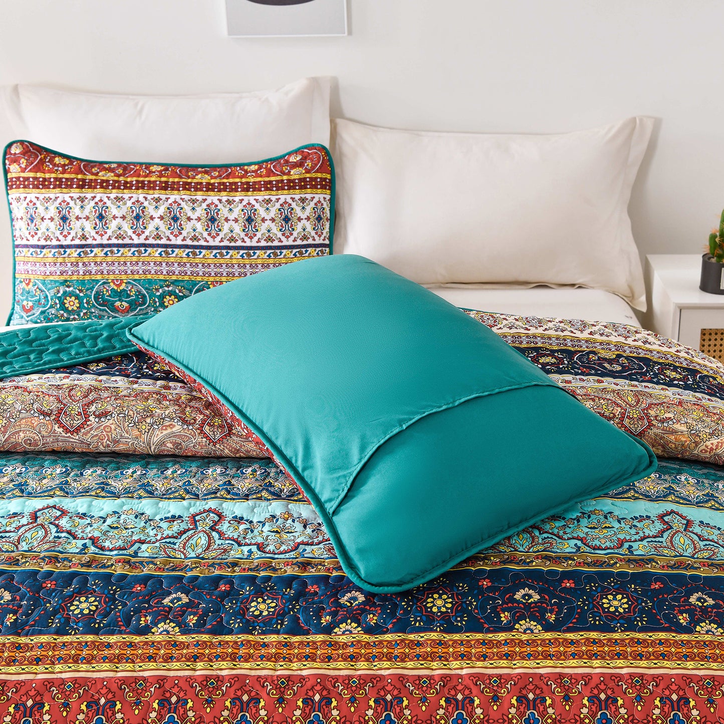 WONGS BEDDING Bohemian Quilt Set Queen Size,3 Pcs Stripe Boho Bedding Set Lightweight Adult(90"x96")