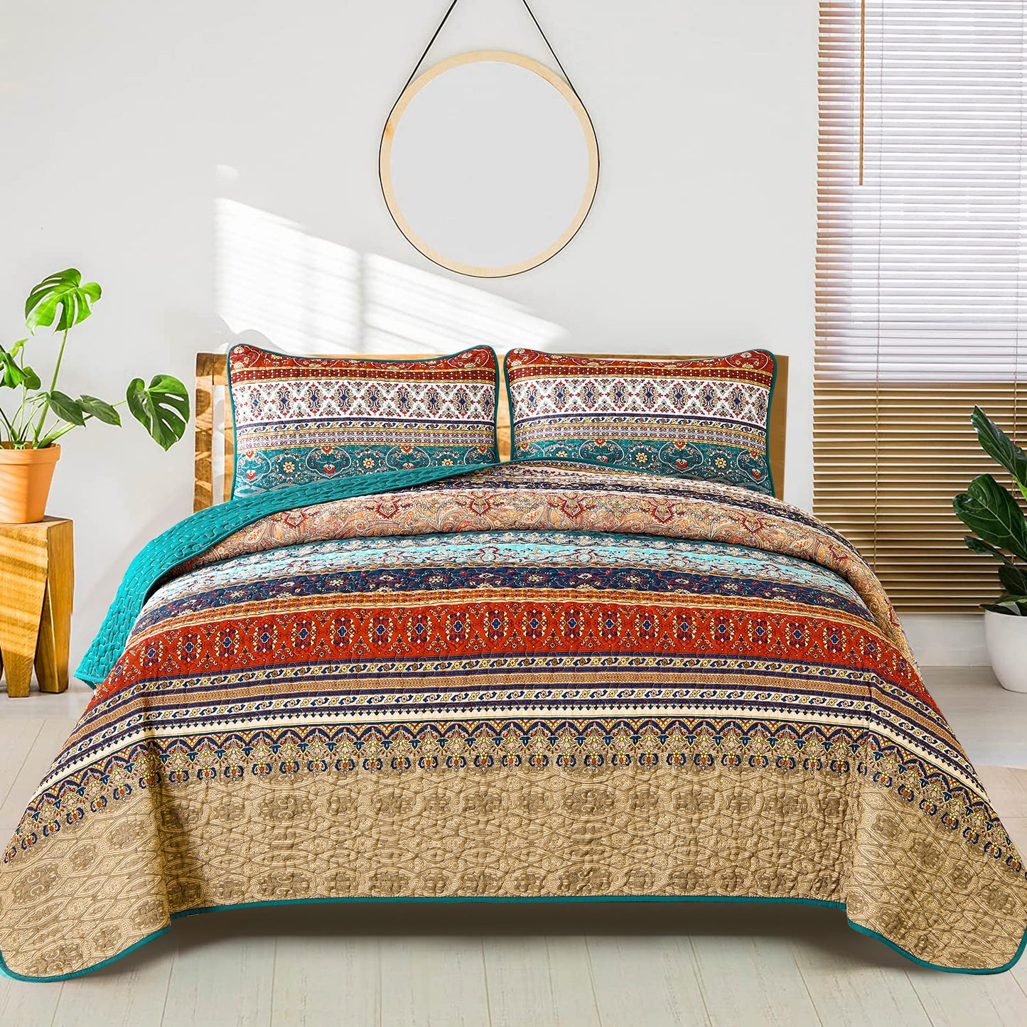 WONGS BEDDING Bohemian Quilt Set Queen Size,3 Pcs Stripe Boho Bedding Set Lightweight Adult(90"x96")