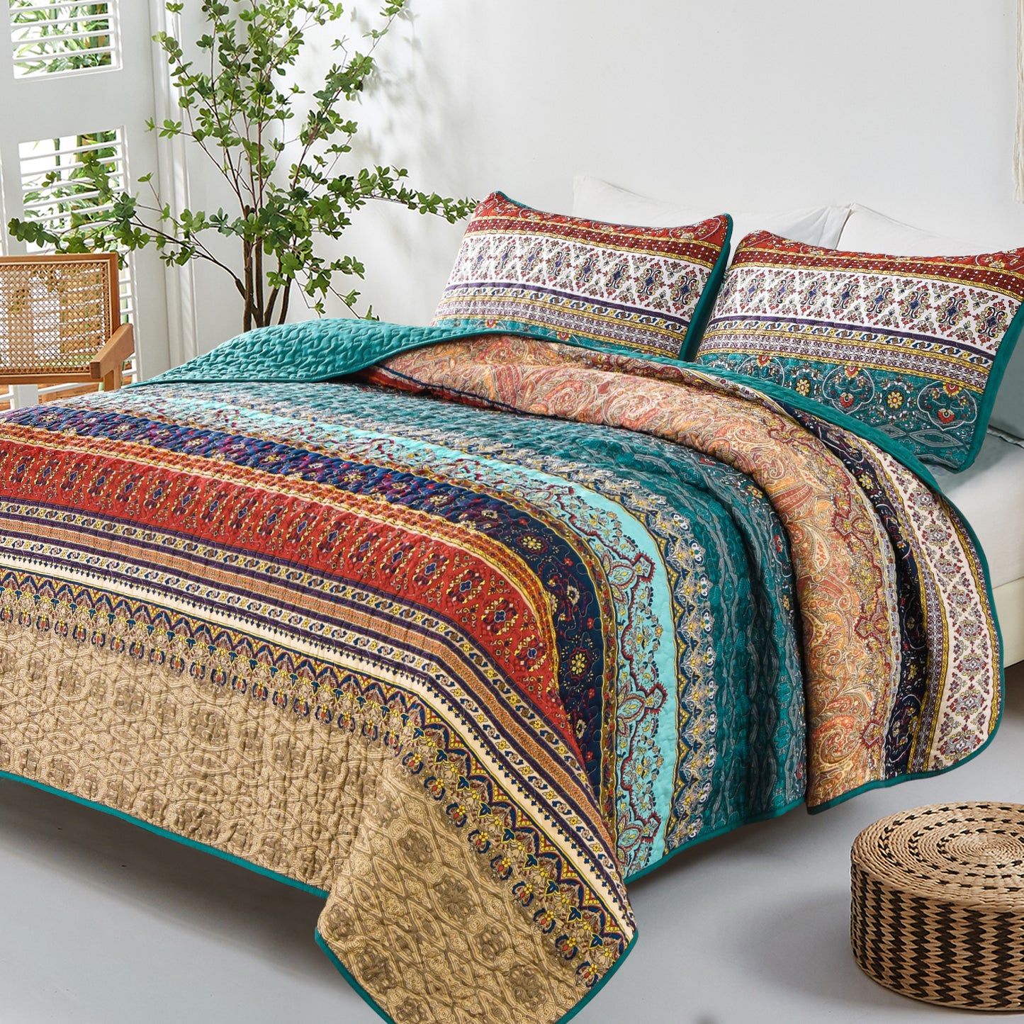 WONGS BEDDING Bohemian Quilt Set Queen Size,3 Pcs Stripe Boho Bedding Set Lightweight Adult(90"x96")