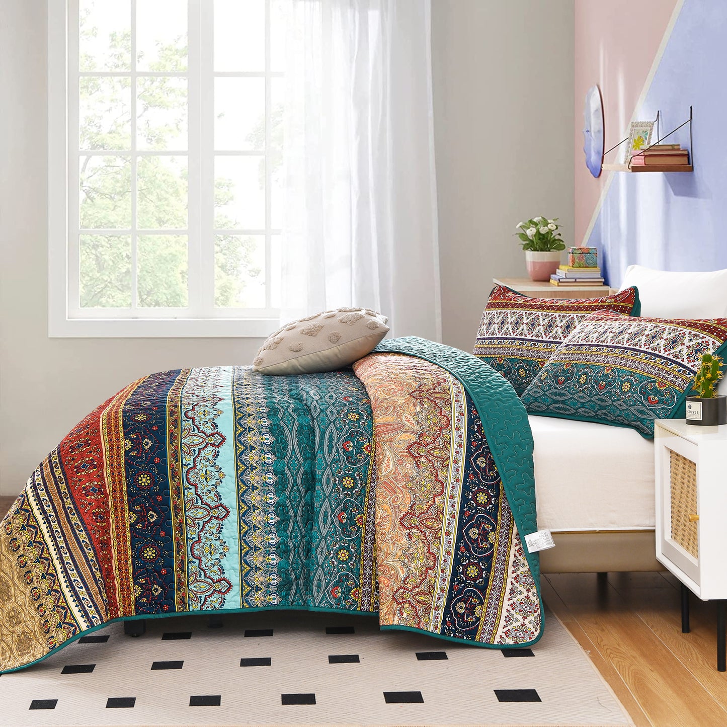 WONGS BEDDING Bohemian Quilt Set Queen Size,3 Pcs Stripe Boho Bedding Set Lightweight Adult(90"x96")