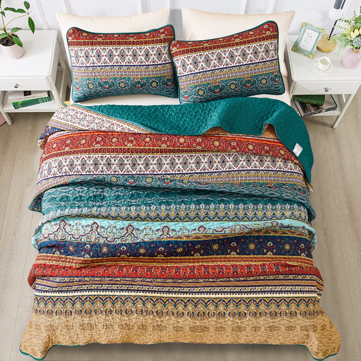 WONGS BEDDING Bohemian Quilt Set Queen Size,3 Pcs Stripe Boho Bedding Set Lightweight Adult(90"x96")