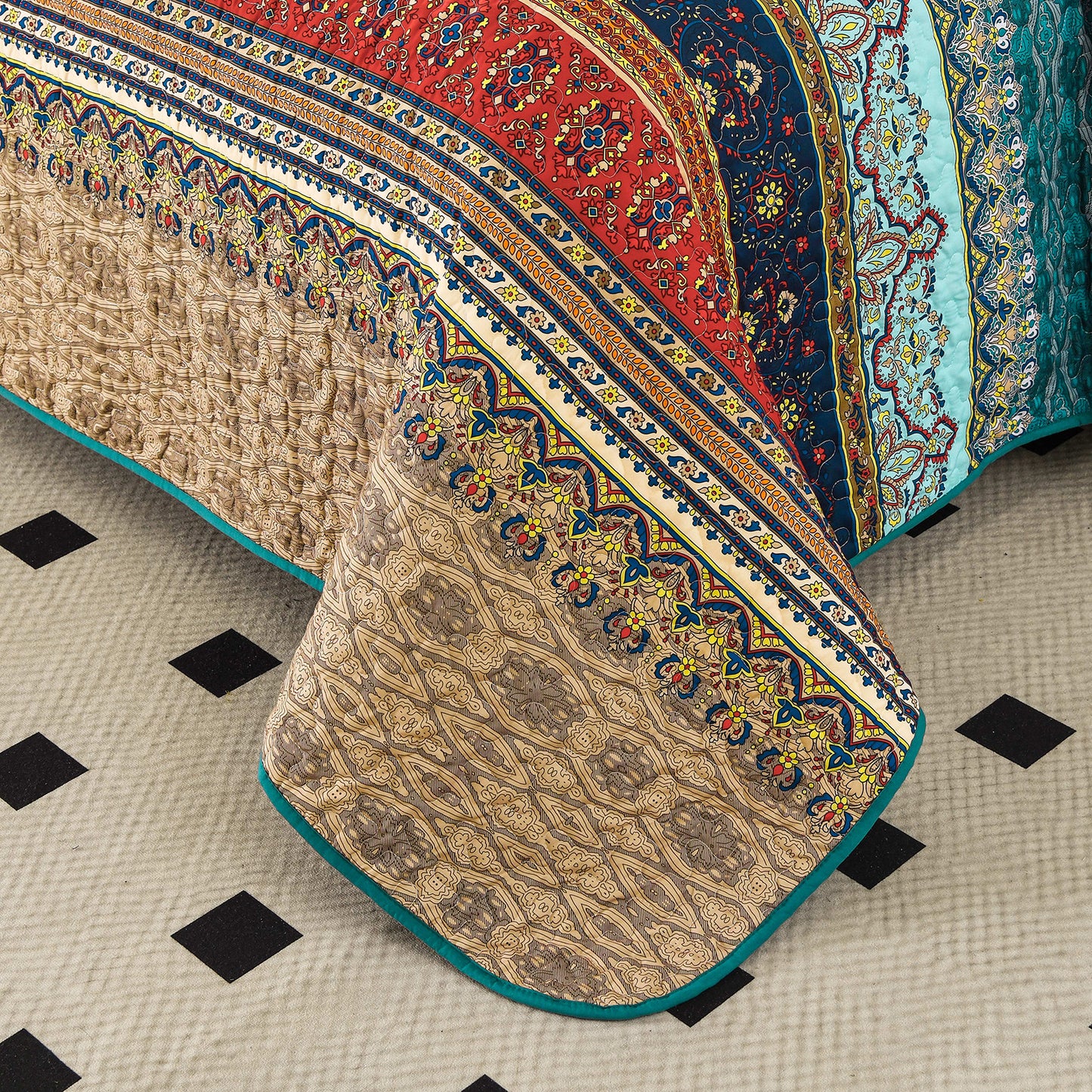 WONGS BEDDING Bohemian Quilt Set Queen Size,3 Pcs Stripe Boho Bedding Set Lightweight Adult(90"x96")