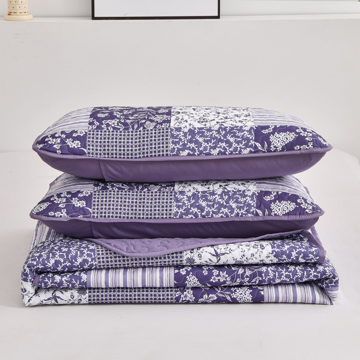 WONGS BEDDING Grid Patchwork Quilt Set Queen Size,3Pcs Bedding Set Soft Coverlet Adult(90"x96")