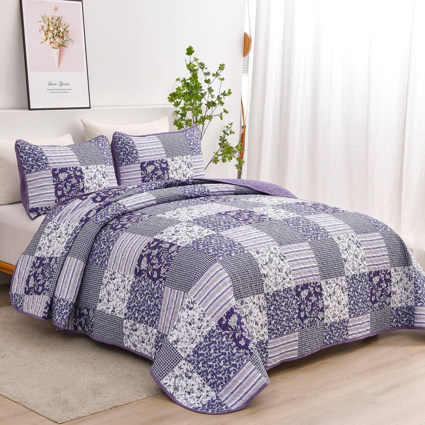 WONGS BEDDING Grid Patchwork Quilt Set Queen Size,3Pcs Bedding Set Soft Coverlet Adult(90"x96")