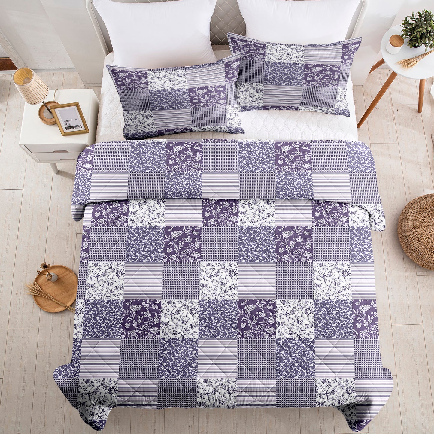 WONGS BEDDING Grid Patchwork Quilt Set Queen Size,3Pcs Bedding Set Soft Coverlet Adult(90"x96")