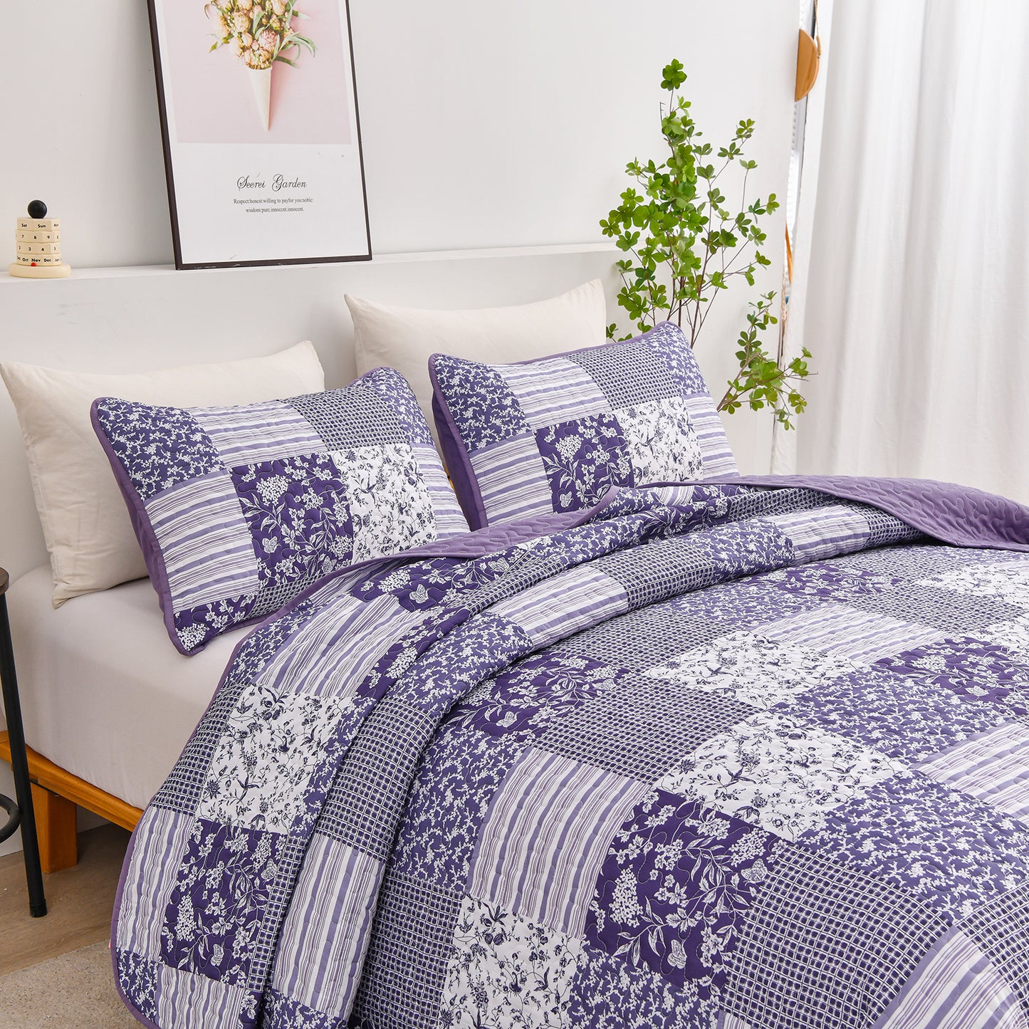 WONGS BEDDING Grid Patchwork Quilt Set Queen Size,3Pcs Bedding Set Soft Coverlet Adult(90"x96")