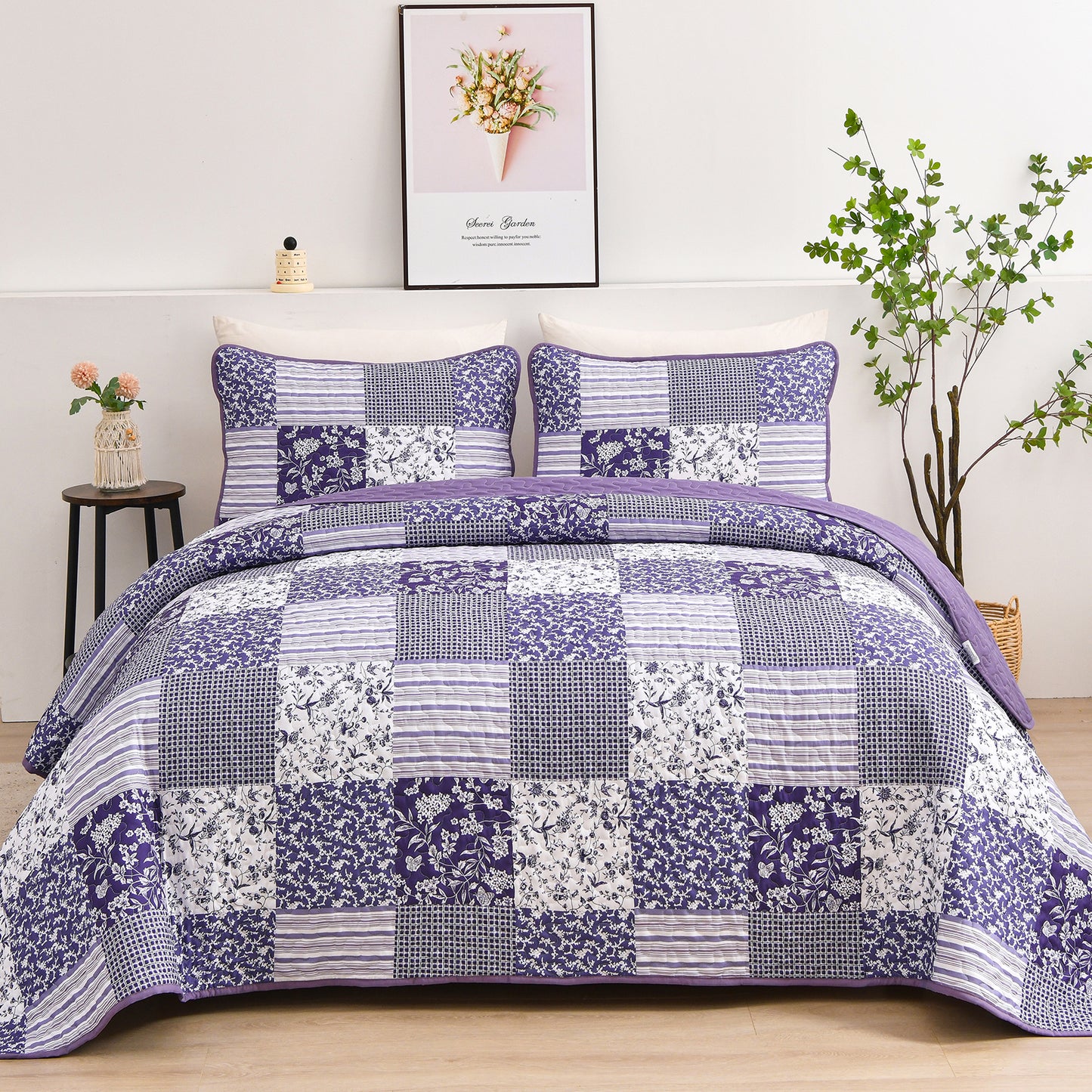 WONGS BEDDING Grid Patchwork Quilt Set Queen Size,3Pcs Bedding Set Soft Coverlet Adult(90"x96")