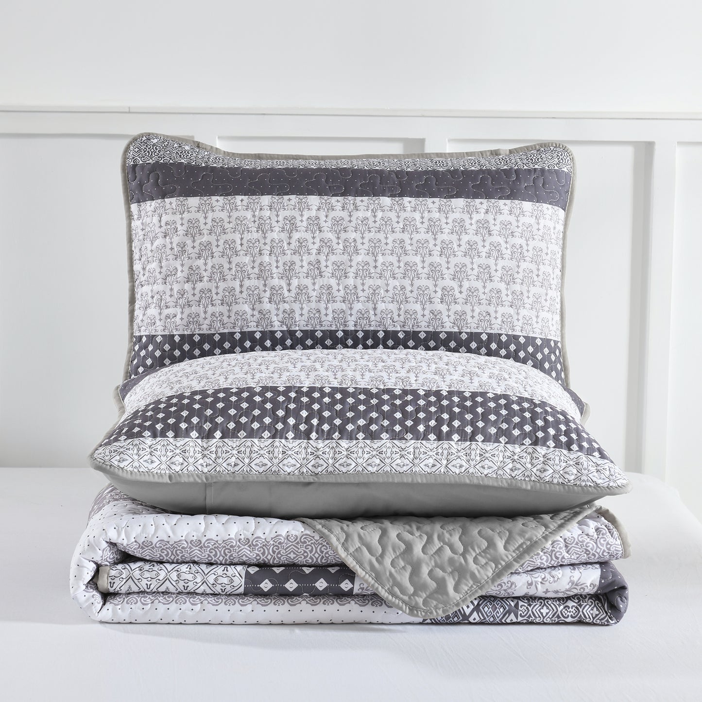 WONGS BEDDING Queen Size Quilt Set Stripe Splicing,3Pcs Boho Light Gray Bedding Set Adult(90"x96")