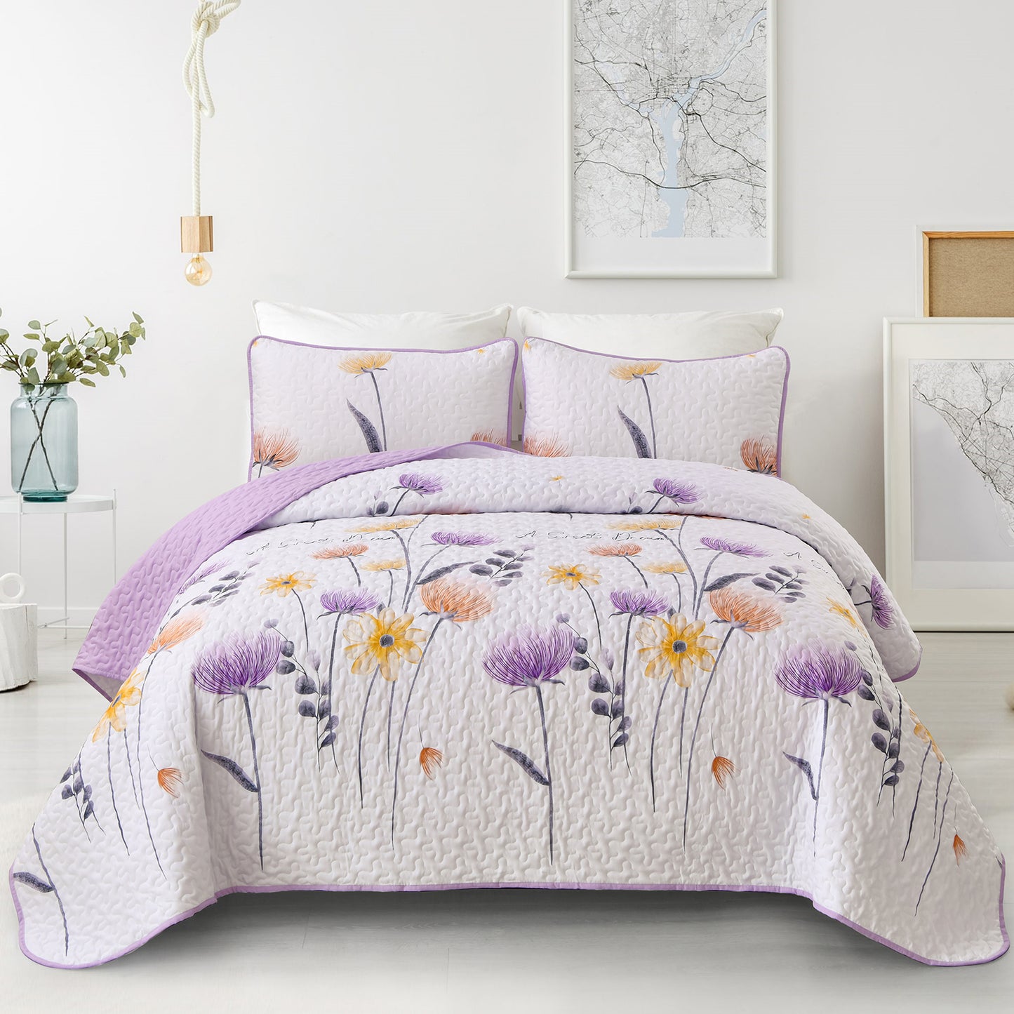 WONGS BEDDING Floral Quilt Set Queen Size,3 Pcs Purple Bedspread Set Lightweight Coverlet for All Seasons(90"x 96")