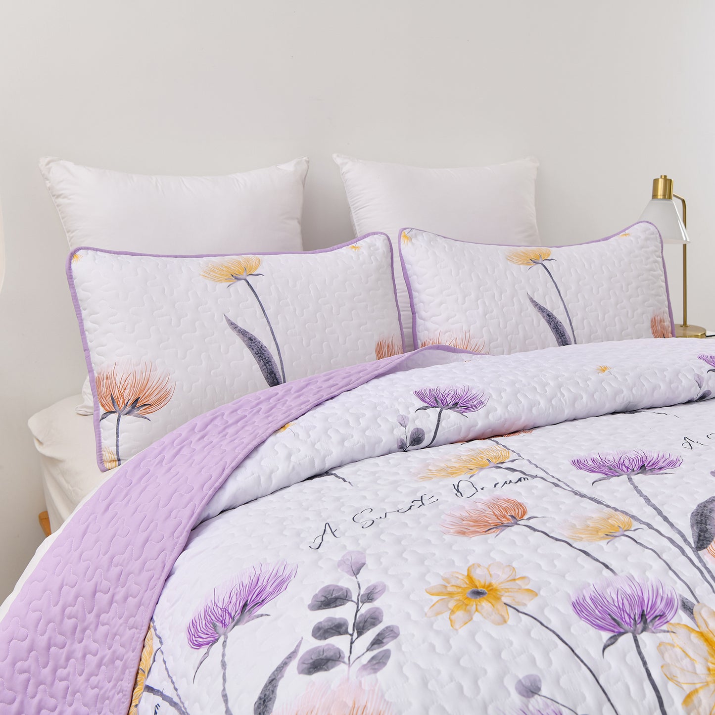 WONGS BEDDING Floral Quilt Set Queen Size,3 Pcs Purple Bedspread Set Lightweight Coverlet for All Seasons(90"x 96")