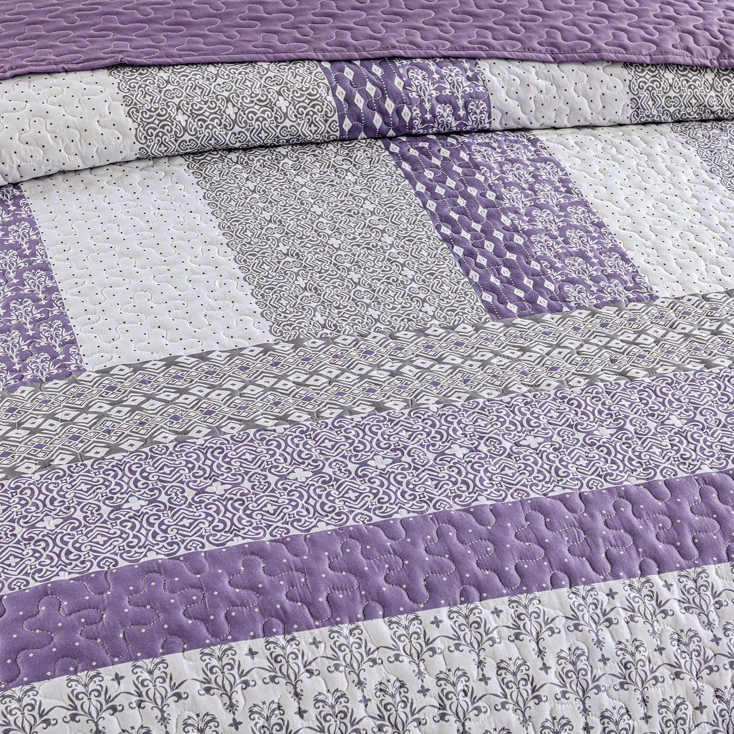 WONGS BEDDING Queen Size Quilt Set Stripe Splicing,3Pcs Boho Bedding Set Soft Coverlet Adult(90"x96")