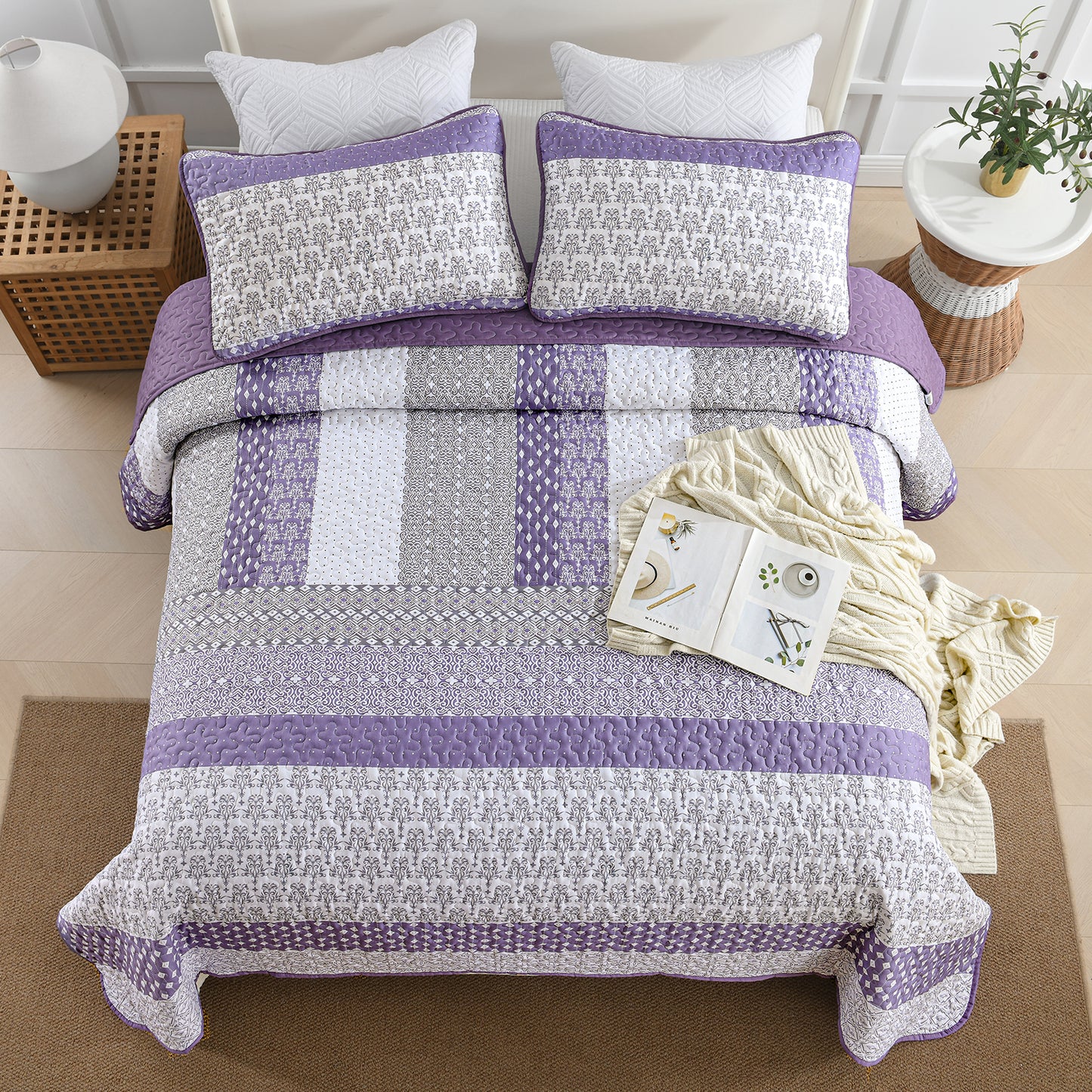 WONGS BEDDING Queen Size Quilt Set Stripe Splicing,3Pcs Boho Bedding Set Soft Coverlet Adult(90"x96")