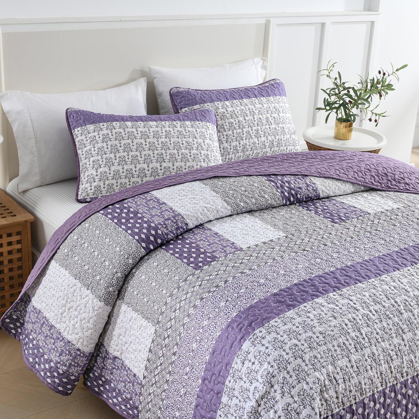 WONGS BEDDING Queen Size Quilt Set Stripe Splicing,3Pcs Boho Bedding Set Soft Coverlet Adult(90"x96")