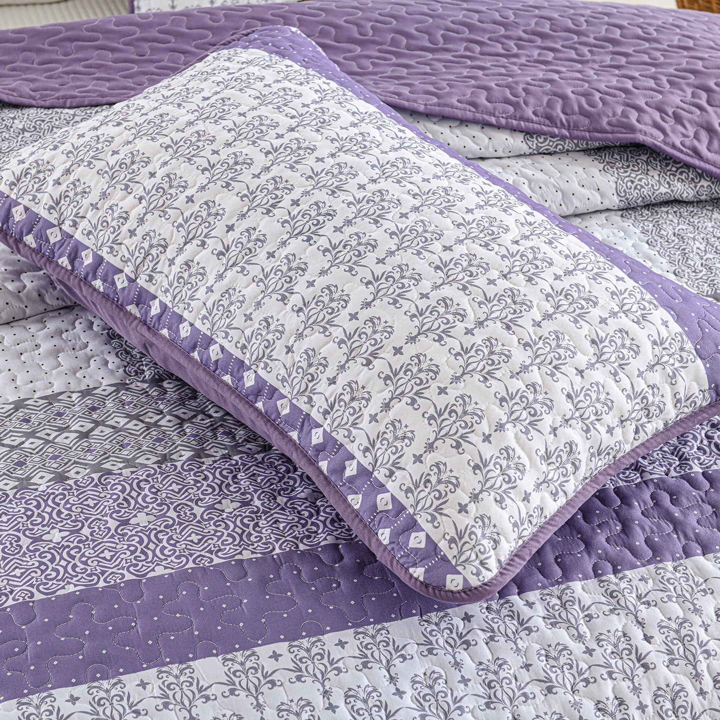 WONGS BEDDING Queen Size Quilt Set Stripe Splicing,3Pcs Boho Bedding Set Soft Coverlet Adult(90"x96")