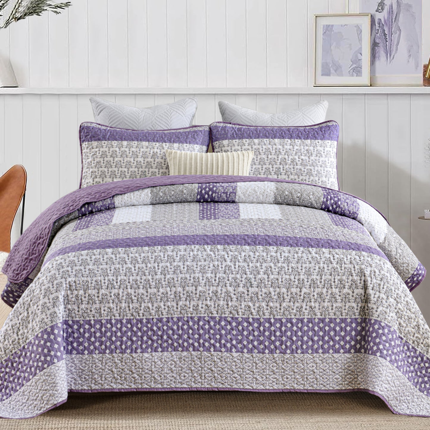 WONGS BEDDING Queen Size Quilt Set Stripe Splicing,3Pcs Boho Bedding Set Soft Coverlet Adult(90"x96")