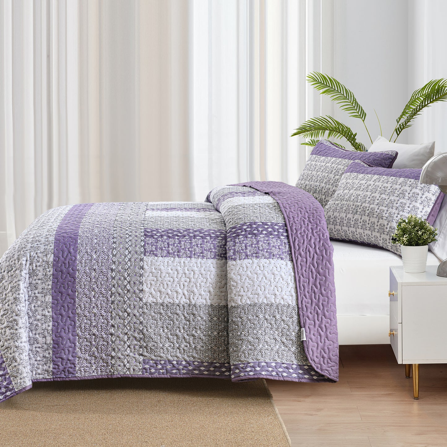 WONGS BEDDING Queen Size Quilt Set Stripe Splicing,3Pcs Boho Bedding Set Soft Coverlet Adult(90"x96")