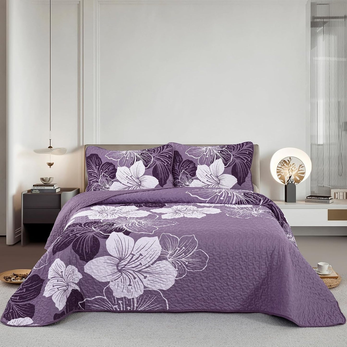 WONGS BEDDING Bohemia Floral Quilt Set Queen Size,3Pcs Purple Boho Bedding Set Soft Adult(90"x96")