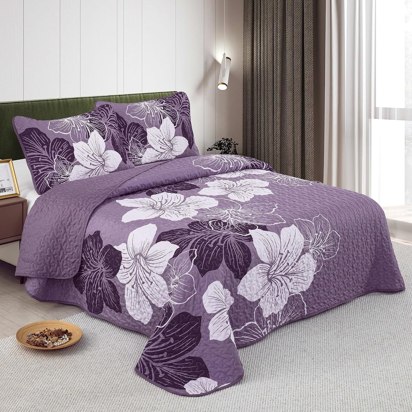 WONGS BEDDING Bohemia Floral Quilt Set Queen Size,3Pcs Purple Boho Bedding Set Soft Adult(90"x96")