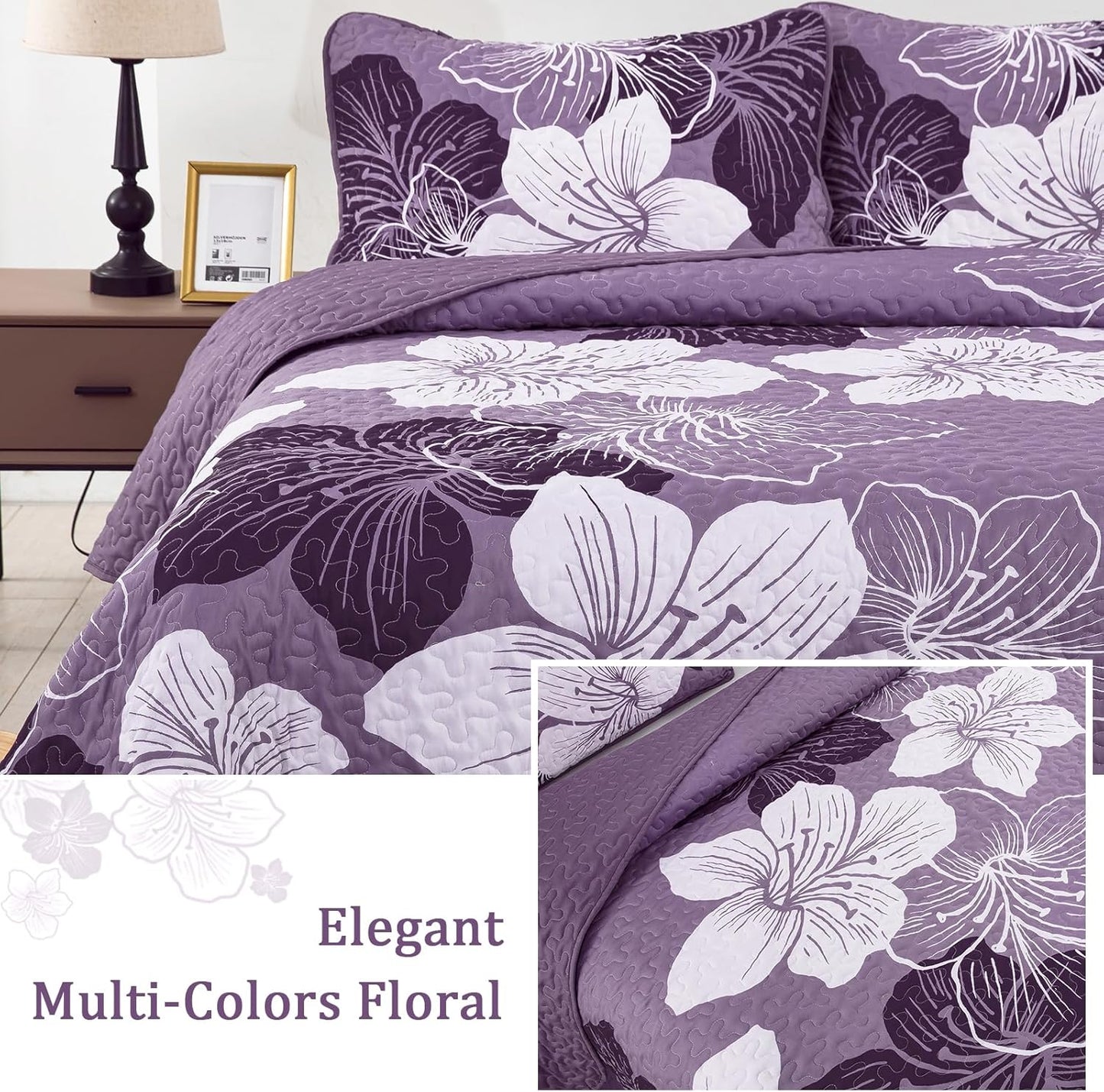 WONGS BEDDING Bohemia Floral Quilt Set Queen Size,3Pcs Purple Boho Bedding Set Soft Adult(90"x96")