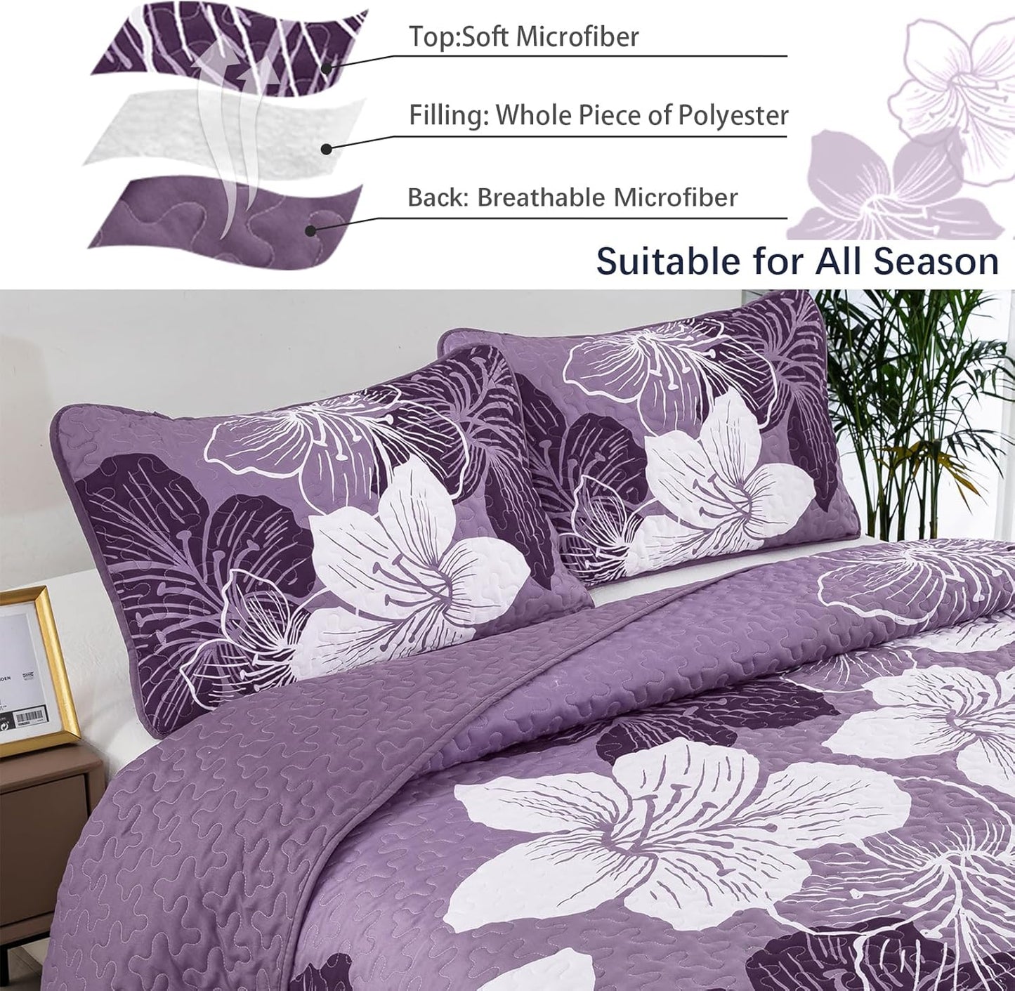 WONGS BEDDING Bohemia Floral Quilt Set Queen Size,3Pcs Purple Boho Bedding Set Soft Adult(90"x96")