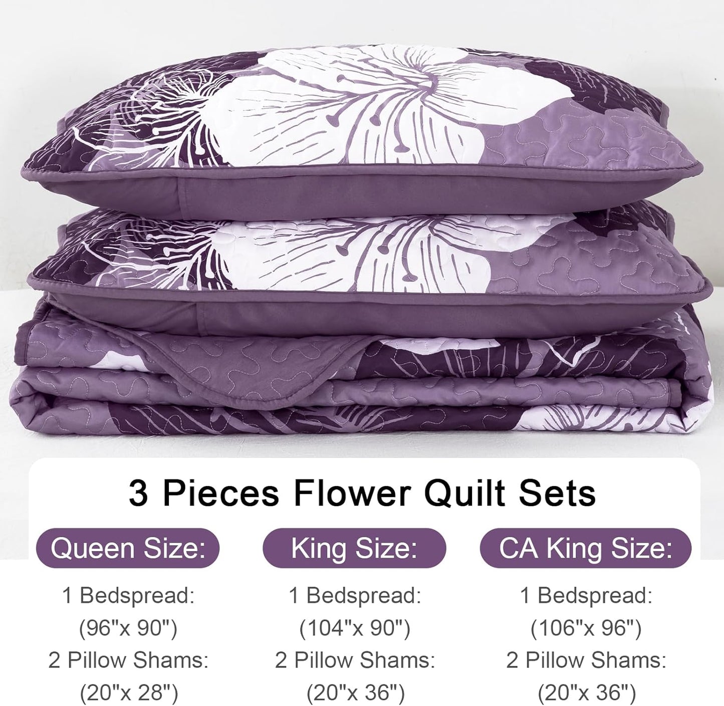 WONGS BEDDING Bohemia Floral Quilt Set Queen Size,3Pcs Purple Boho Bedding Set Soft Adult(90"x96")