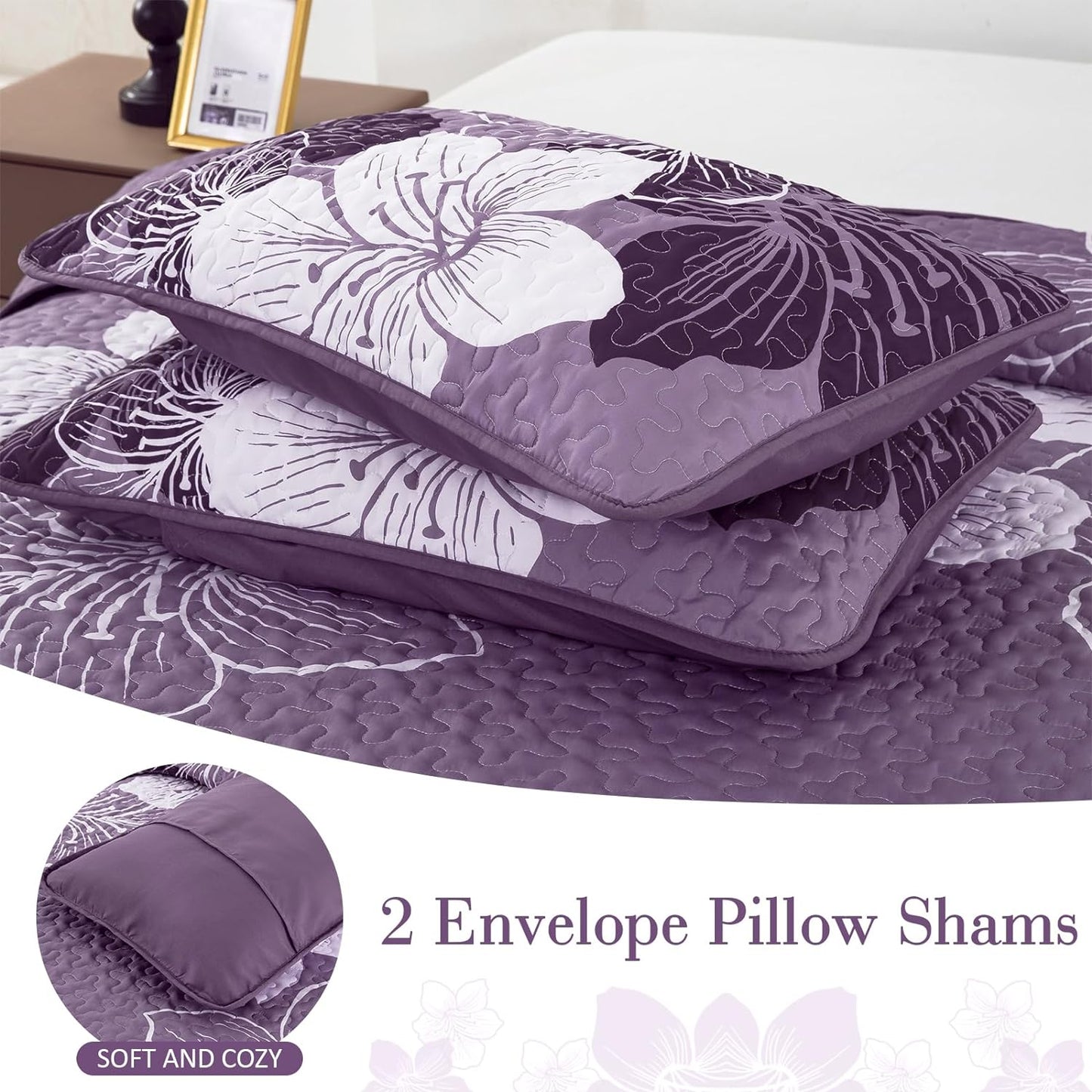 WONGS BEDDING Bohemia Floral Quilt Set Queen Size,3Pcs Purple Boho Bedding Set Soft Adult(90"x96")