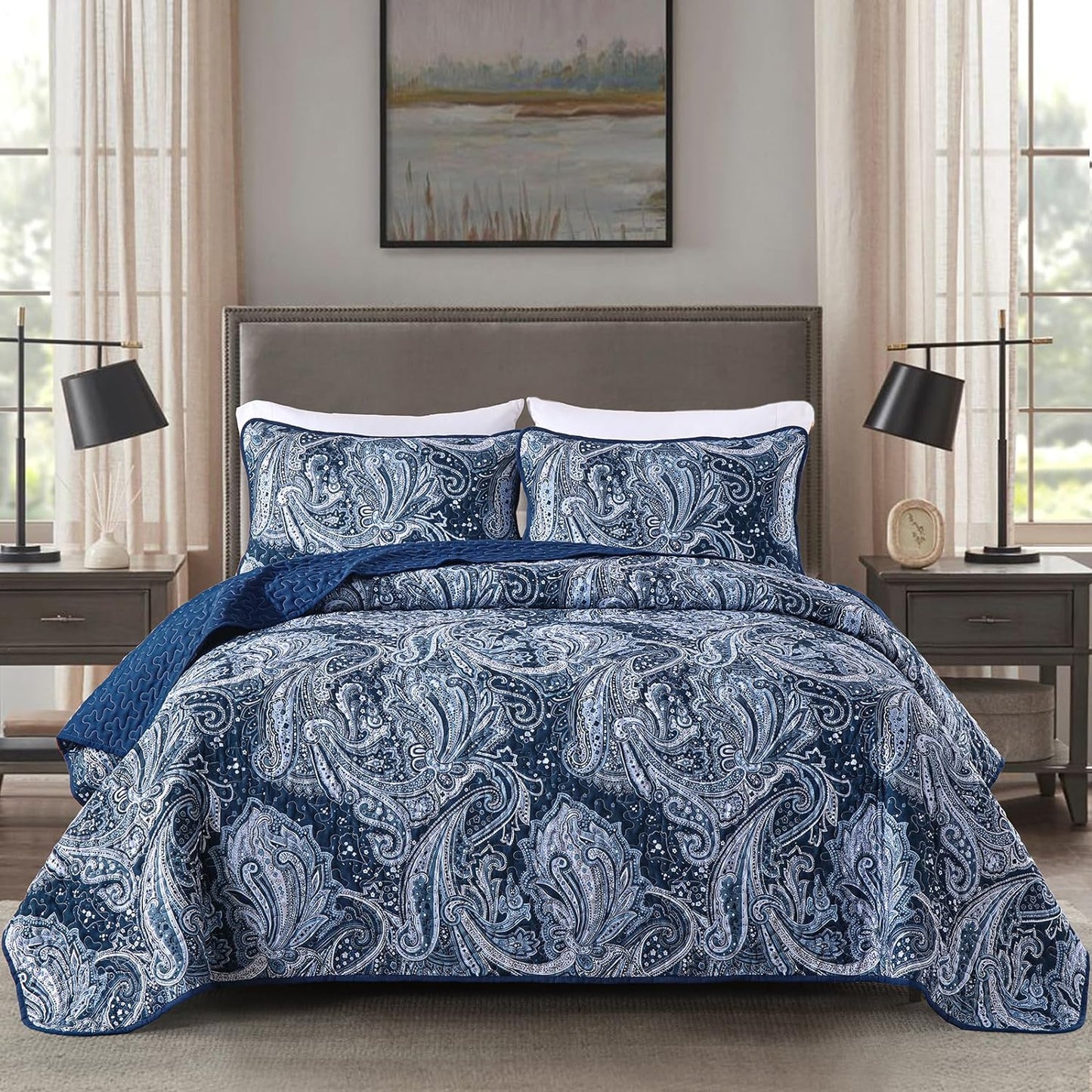 WONGS BEDDING Navy Quilt Set Queen Size,3 Pcs Bohemian Bedspread Set Lightweight Paisley Coverlet(90"x 96")