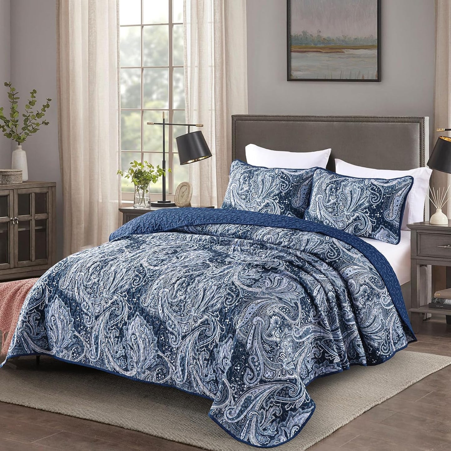 WONGS BEDDING Navy Quilt Set Queen Size,3 Pcs Bohemian Bedspread Set Lightweight Paisley Coverlet(90"x 96")