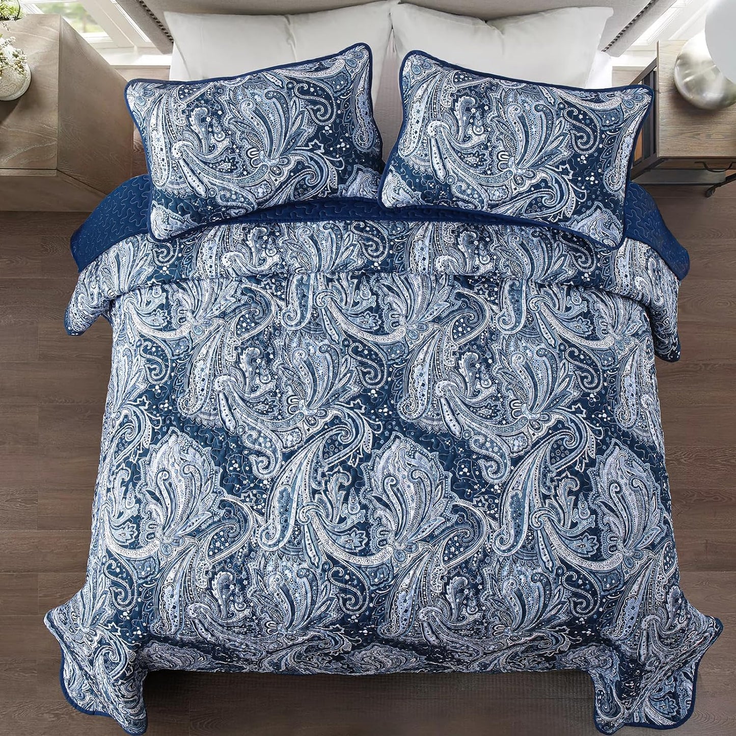 WONGS BEDDING Navy Quilt Set Queen Size,3 Pcs Bohemian Bedspread Set Lightweight Paisley Coverlet(90"x 96")