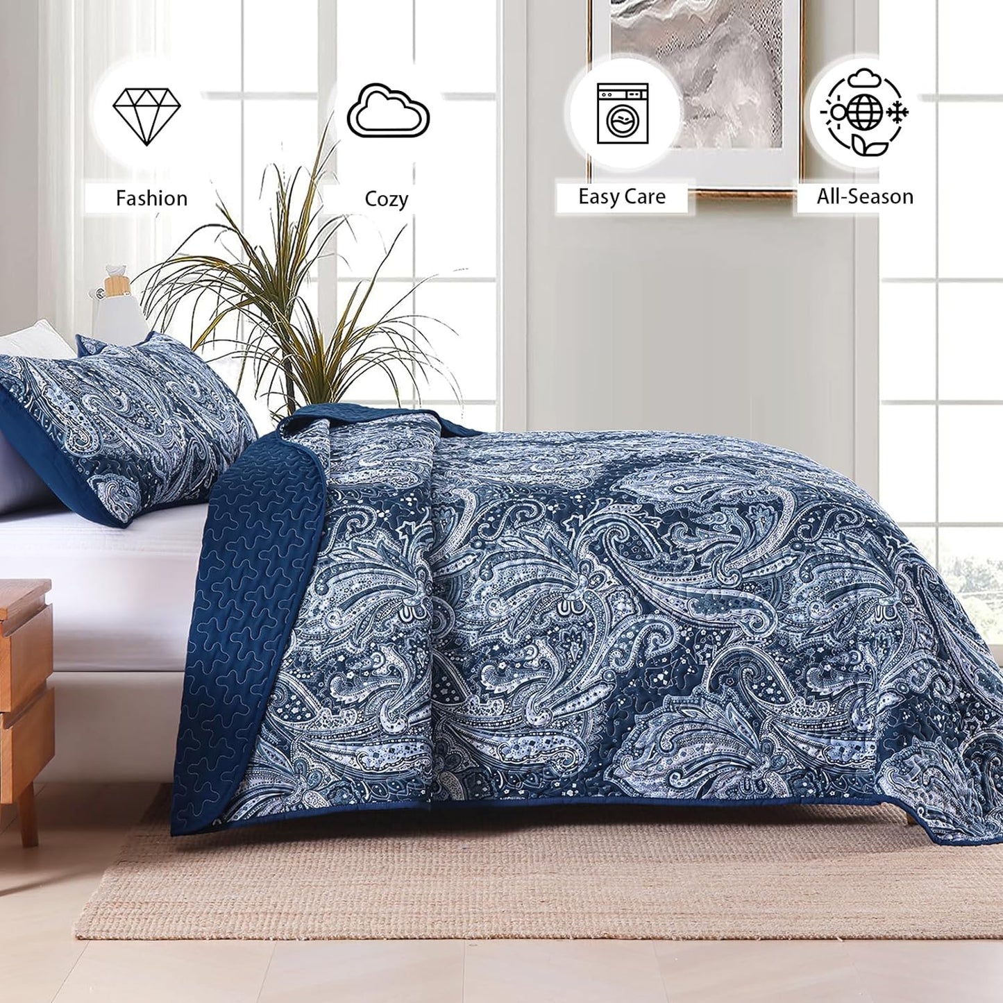 WONGS BEDDING Navy Quilt Set Queen Size,3 Pcs Bohemian Bedspread Set Lightweight Paisley Coverlet(90"x 96")