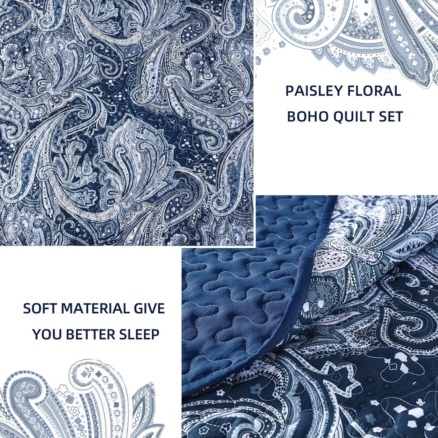 WONGS BEDDING Navy Quilt Set Queen Size,3 Pcs Bohemian Bedspread Set Lightweight Paisley Coverlet(90"x 96")