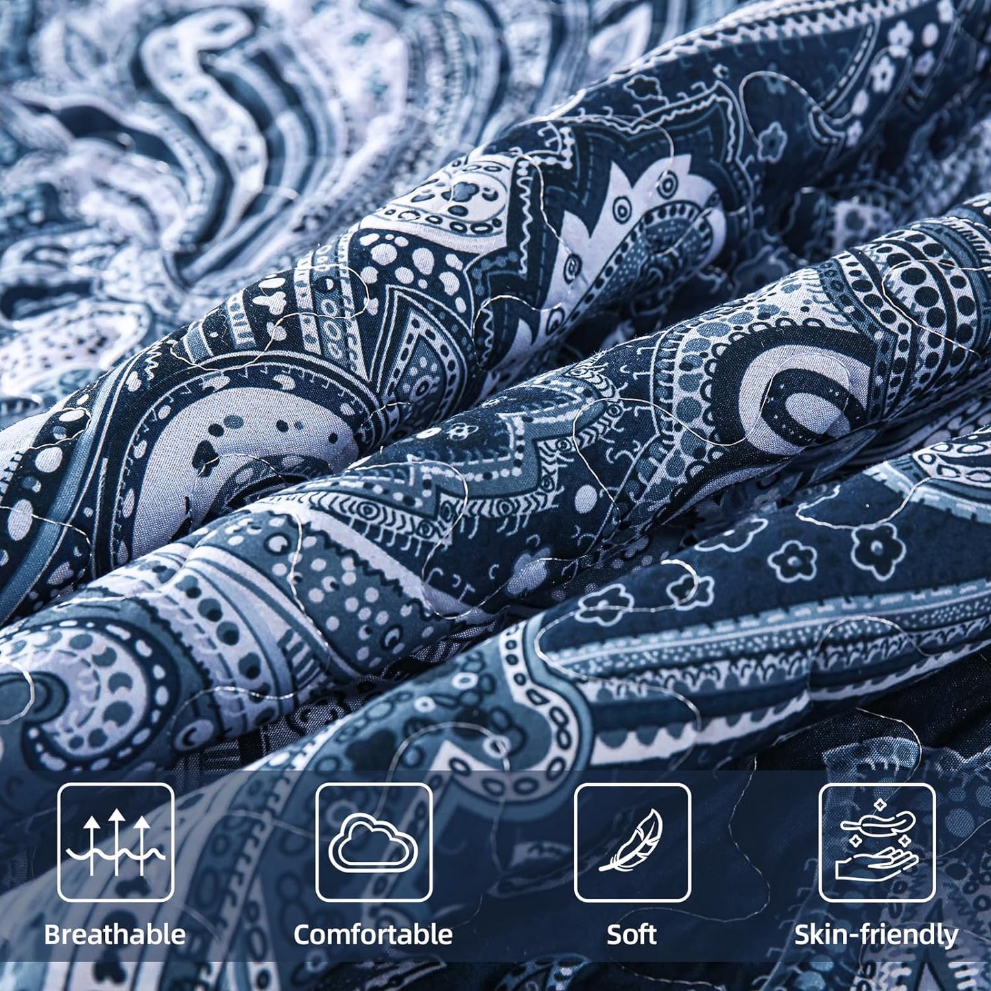 WONGS BEDDING Navy Quilt Set Queen Size,3 Pcs Bohemian Bedspread Set Lightweight Paisley Coverlet(90"x 96")