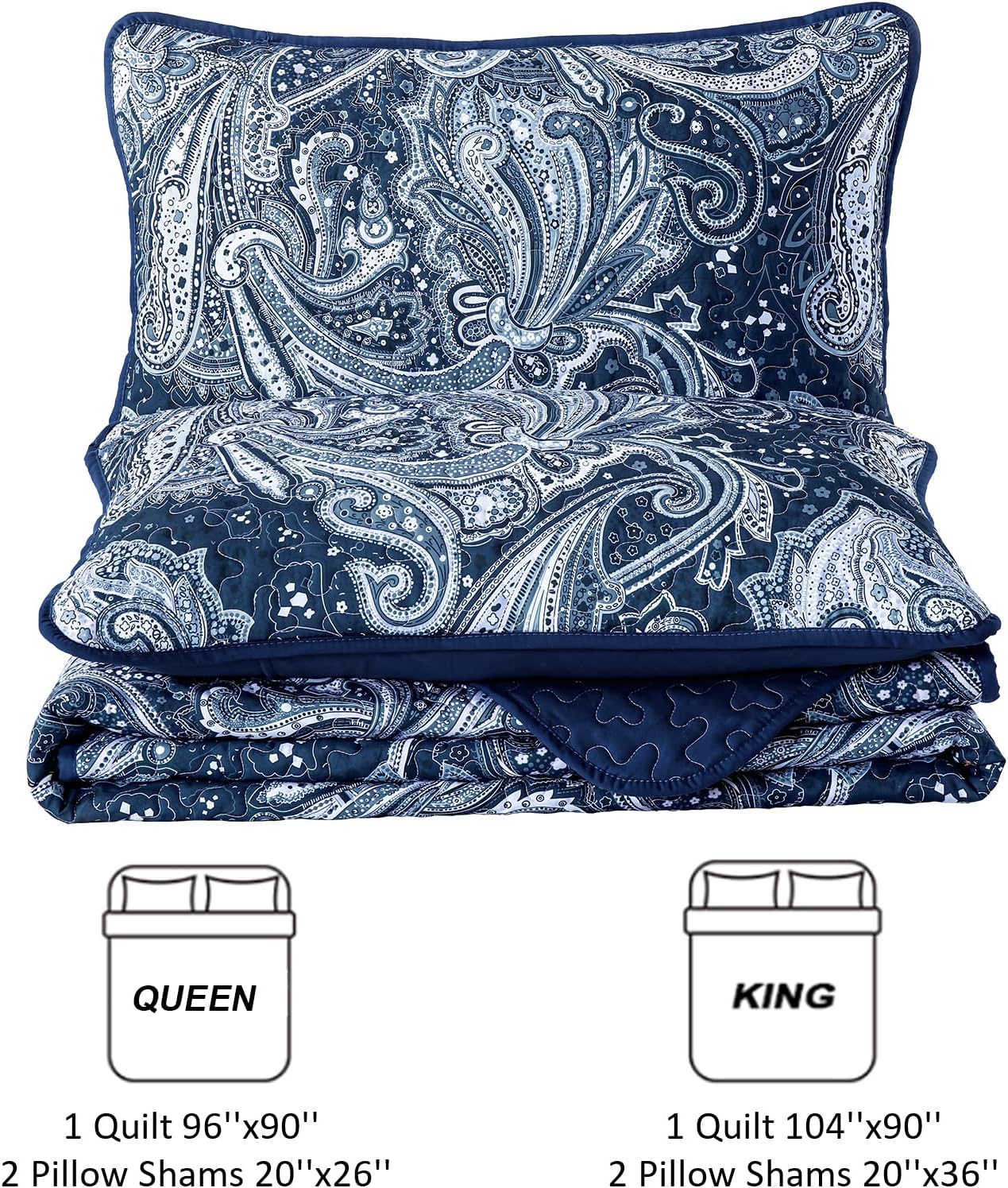 WONGS BEDDING Navy Quilt Set Queen Size,3 Pcs Bohemian Bedspread Set Lightweight Paisley Coverlet(90"x 96")