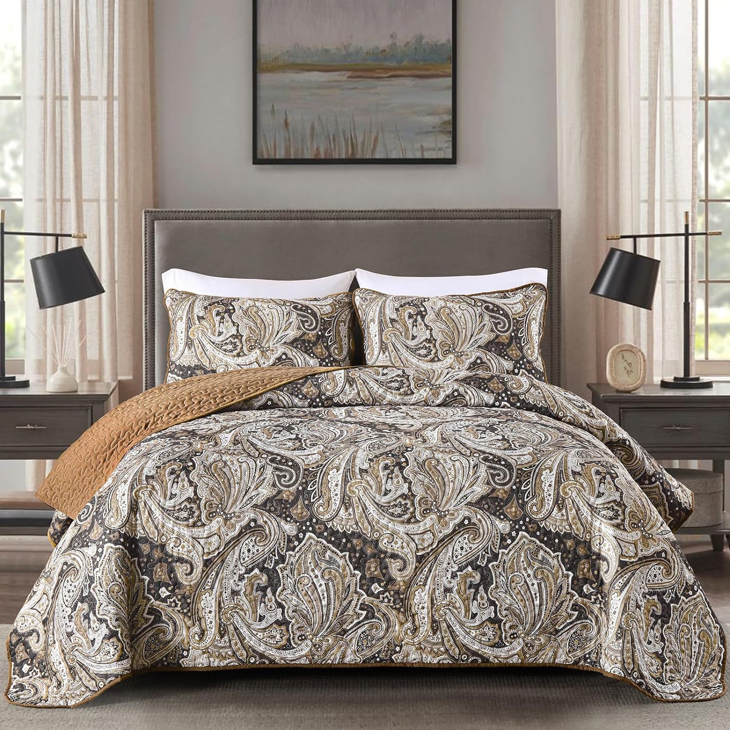 WONGS BEDDING Brown Quilt Set Queen Size,3 Pcs Bohemian Bedspread Set Lightweight Paisley Coverlet(90"x 96")