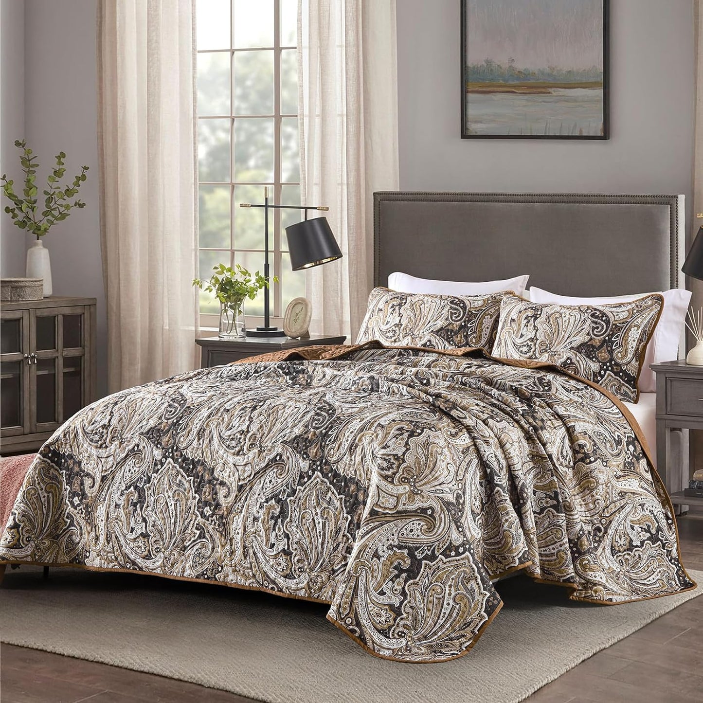 WONGS BEDDING Brown Quilt Set Queen Size,3 Pcs Bohemian Bedspread Set Lightweight Paisley Coverlet(90"x 96")