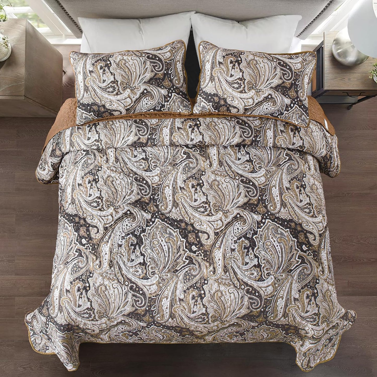 WONGS BEDDING Brown Quilt Set Queen Size,3 Pcs Bohemian Bedspread Set Lightweight Paisley Coverlet(90"x 96")