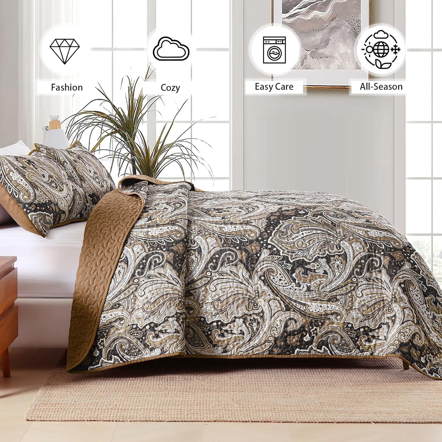 WONGS BEDDING Brown Quilt Set Queen Size,3 Pcs Bohemian Bedspread Set Lightweight Paisley Coverlet(90"x 96")