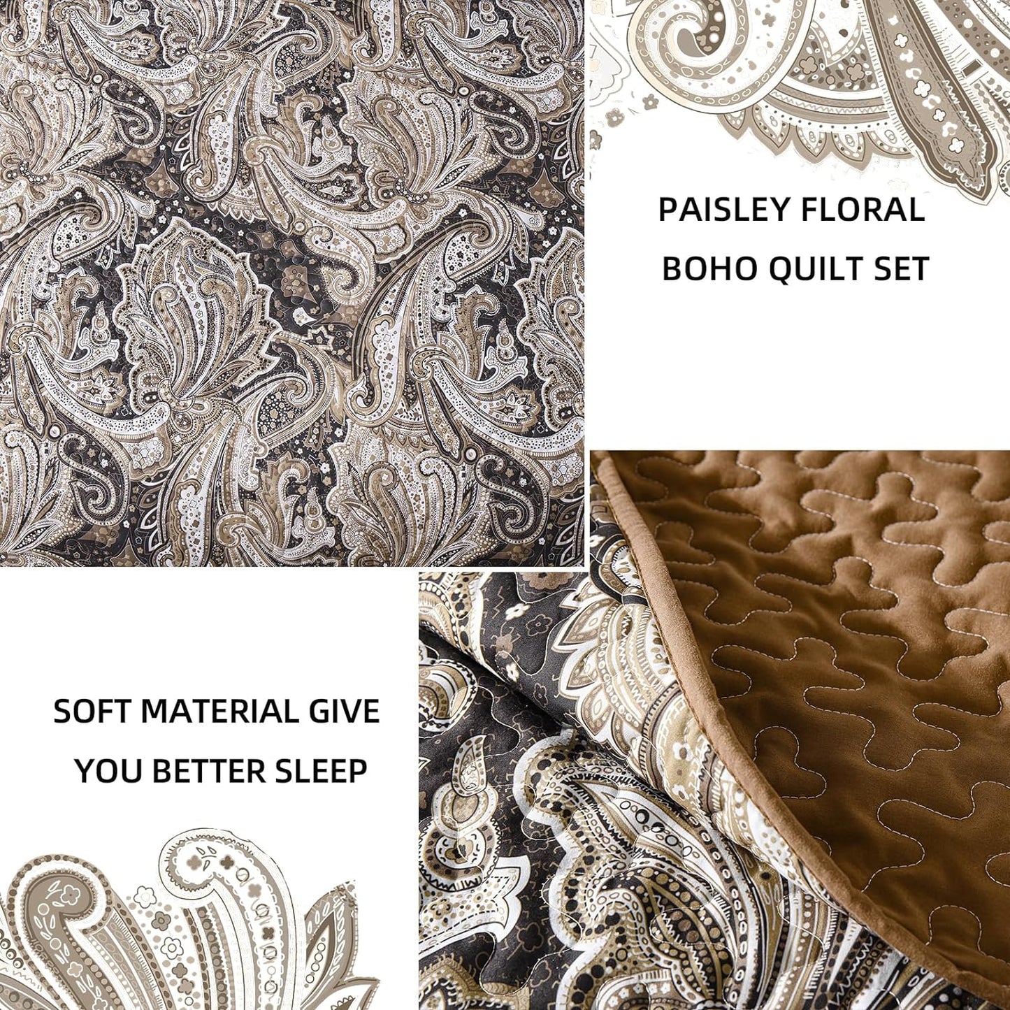 WONGS BEDDING Brown Quilt Set Queen Size,3 Pcs Bohemian Bedspread Set Lightweight Paisley Coverlet(90"x 96")