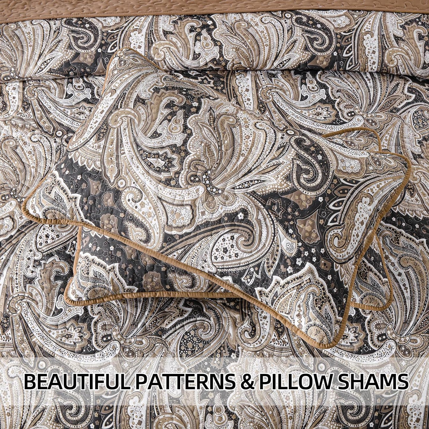WONGS BEDDING Brown Quilt Set Queen Size,3 Pcs Bohemian Bedspread Set Lightweight Paisley Coverlet(90"x 96")